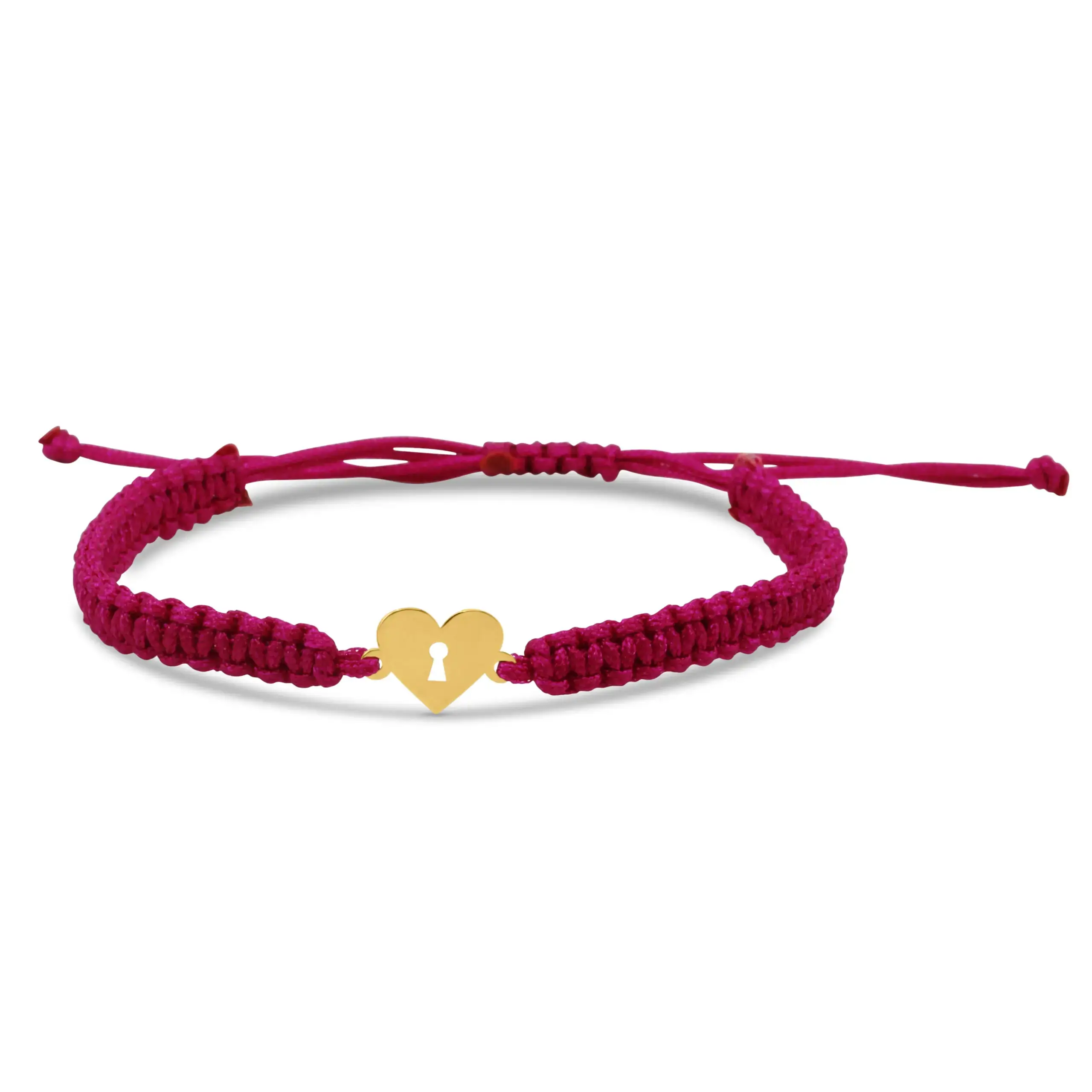 wish-charm-macrame-bracelet-yellow-gold Wish Charm Macramé Bracelet in yellow gold with a heart-shaped lock charm and pink adjustable macramé cord