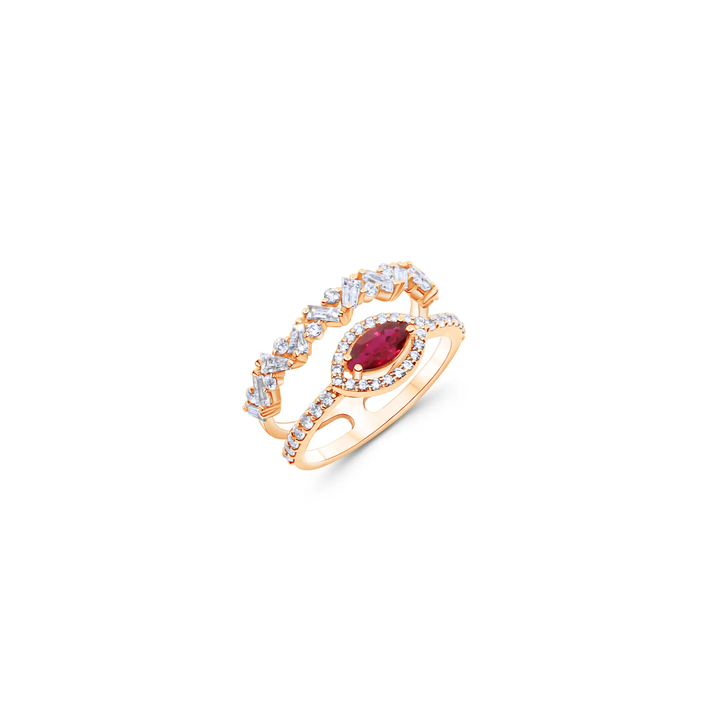 eclipse-ruby-ring-pink-gold Eclipse Ruby Ring in pink gold with a marquise ruby, diamond halo, and diamond band