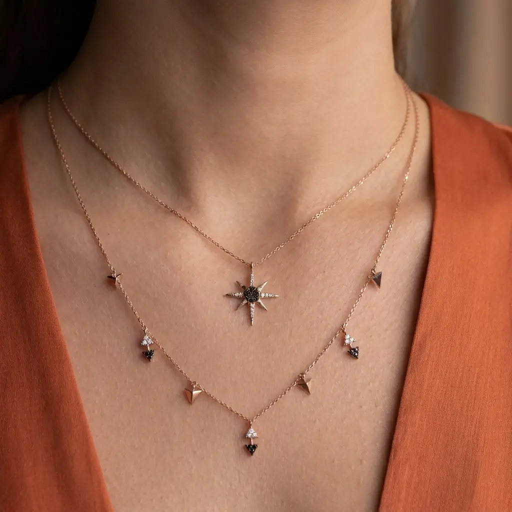 Arrow Drop Necklace in pink gold with diamond accents and black stone arrow drops