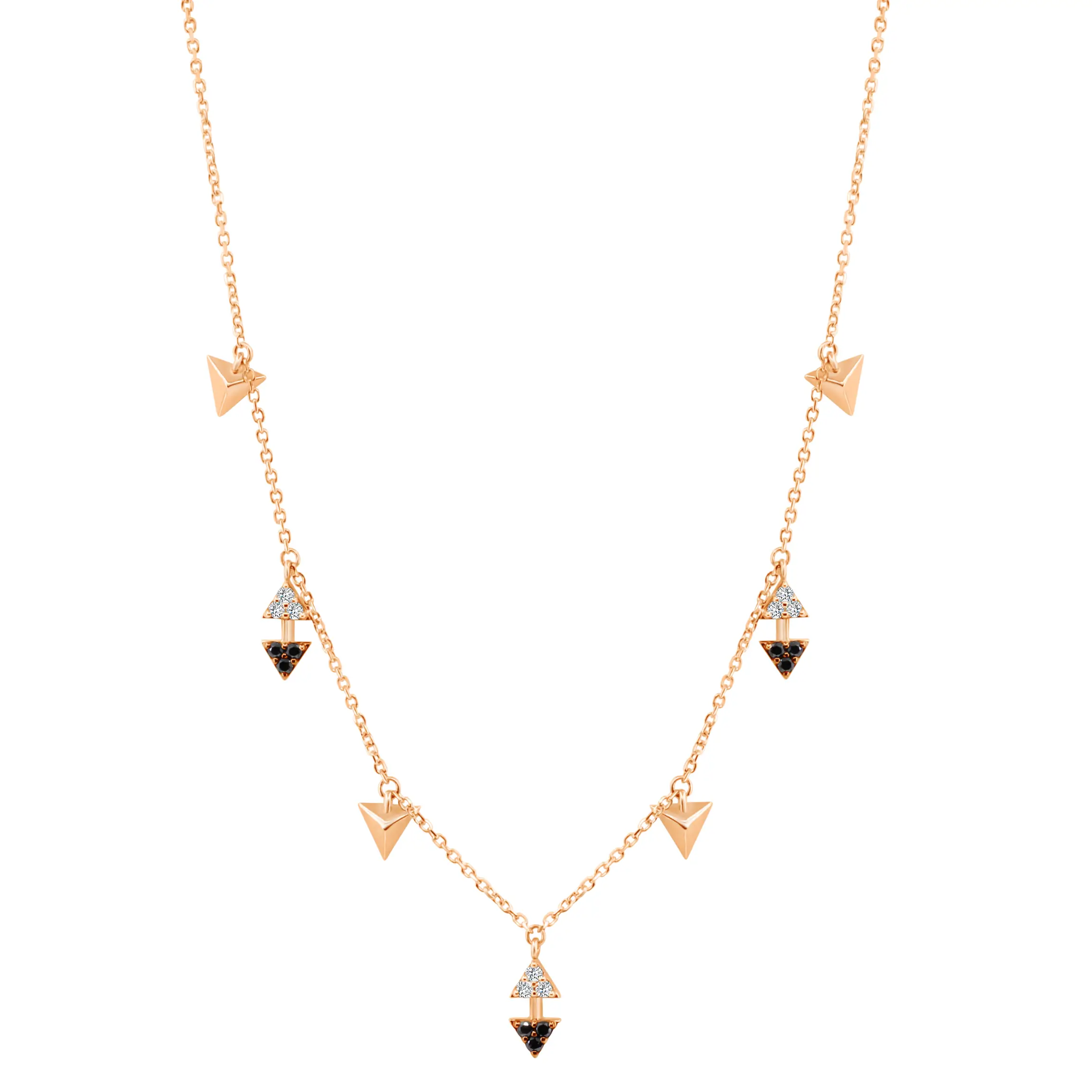 rrow-drop-necklace-pink-gold Arrow Drop Necklace in pink gold with diamond accents and black stone arrow drops