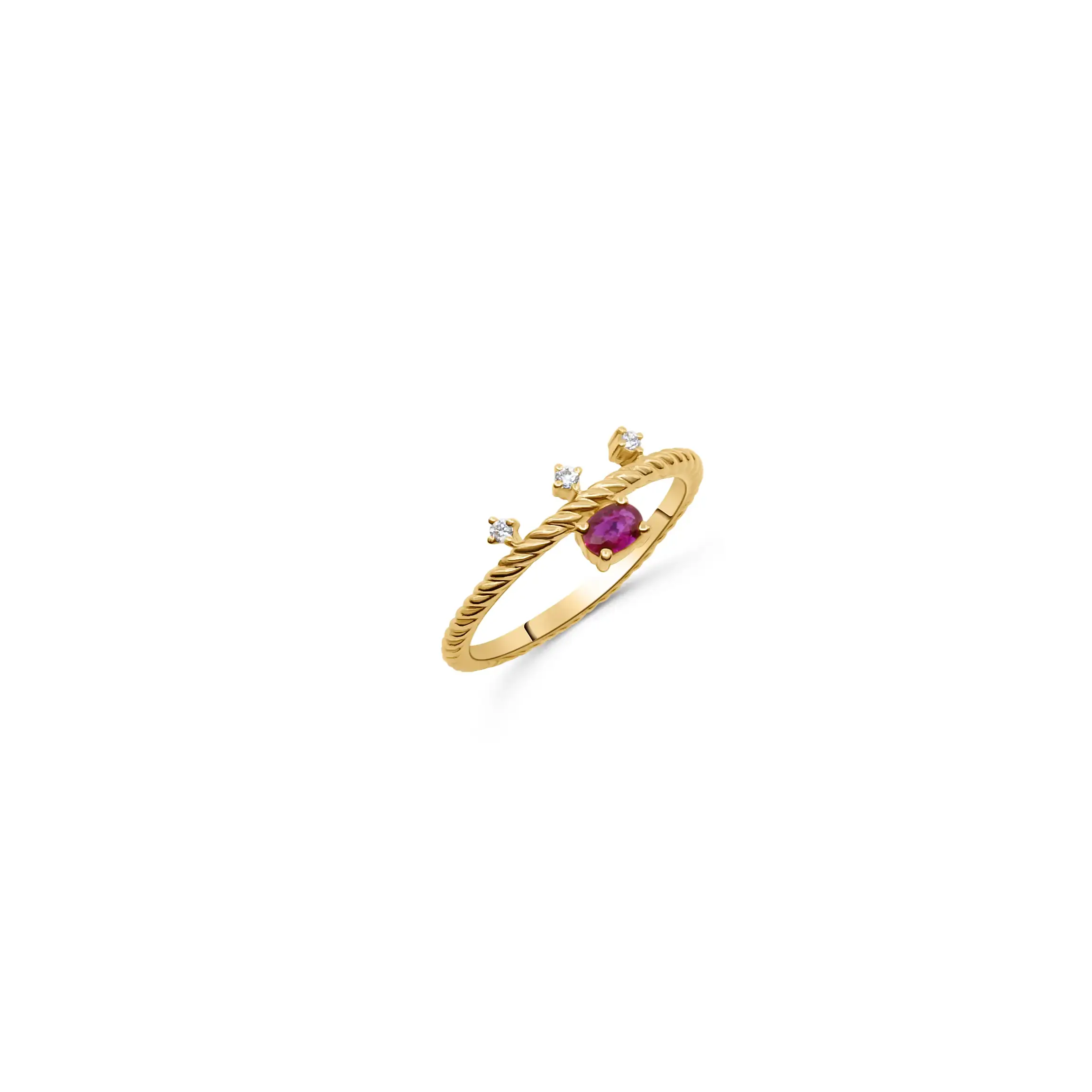 ruby-twist-ring-yellow-gold Ruby Twist Ring in yellow gold with a vivid oval ruby and delicate diamond accents